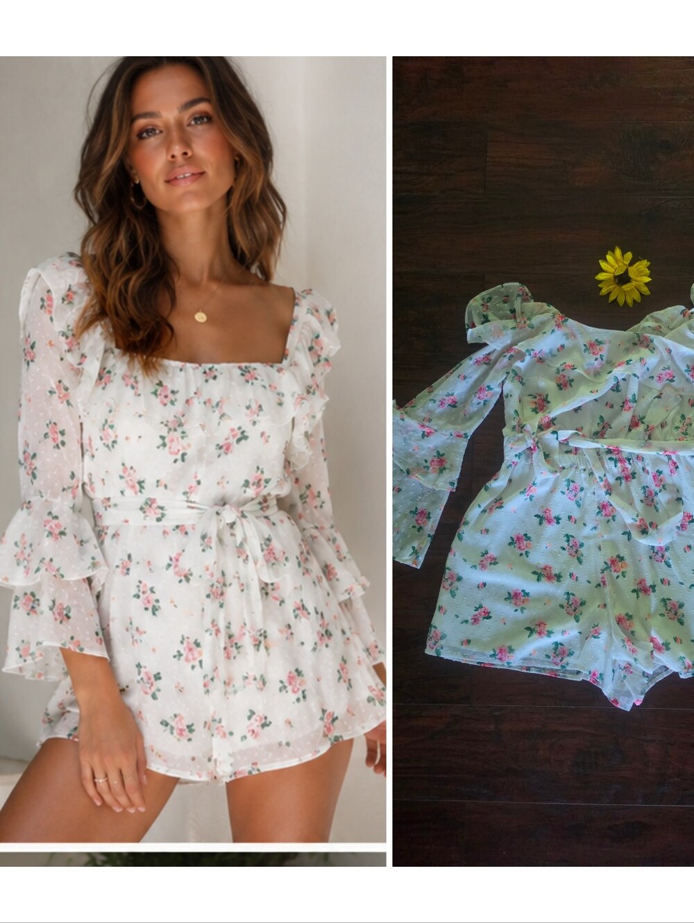 TopShop Floral Chiffon Romper | Ruffle Sleeves